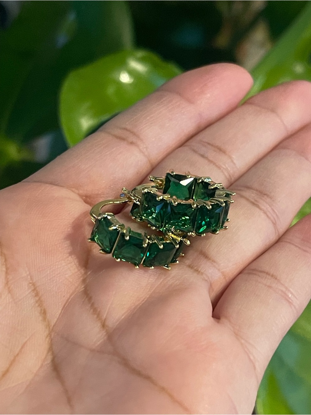 Gold Hoop Earrings with Emerald Green Gemstones